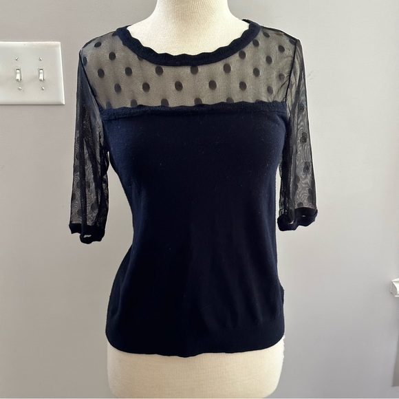 Anthropologie Knitted and Knotted polka dot mesh sweater Navey - Picture 4 of 16